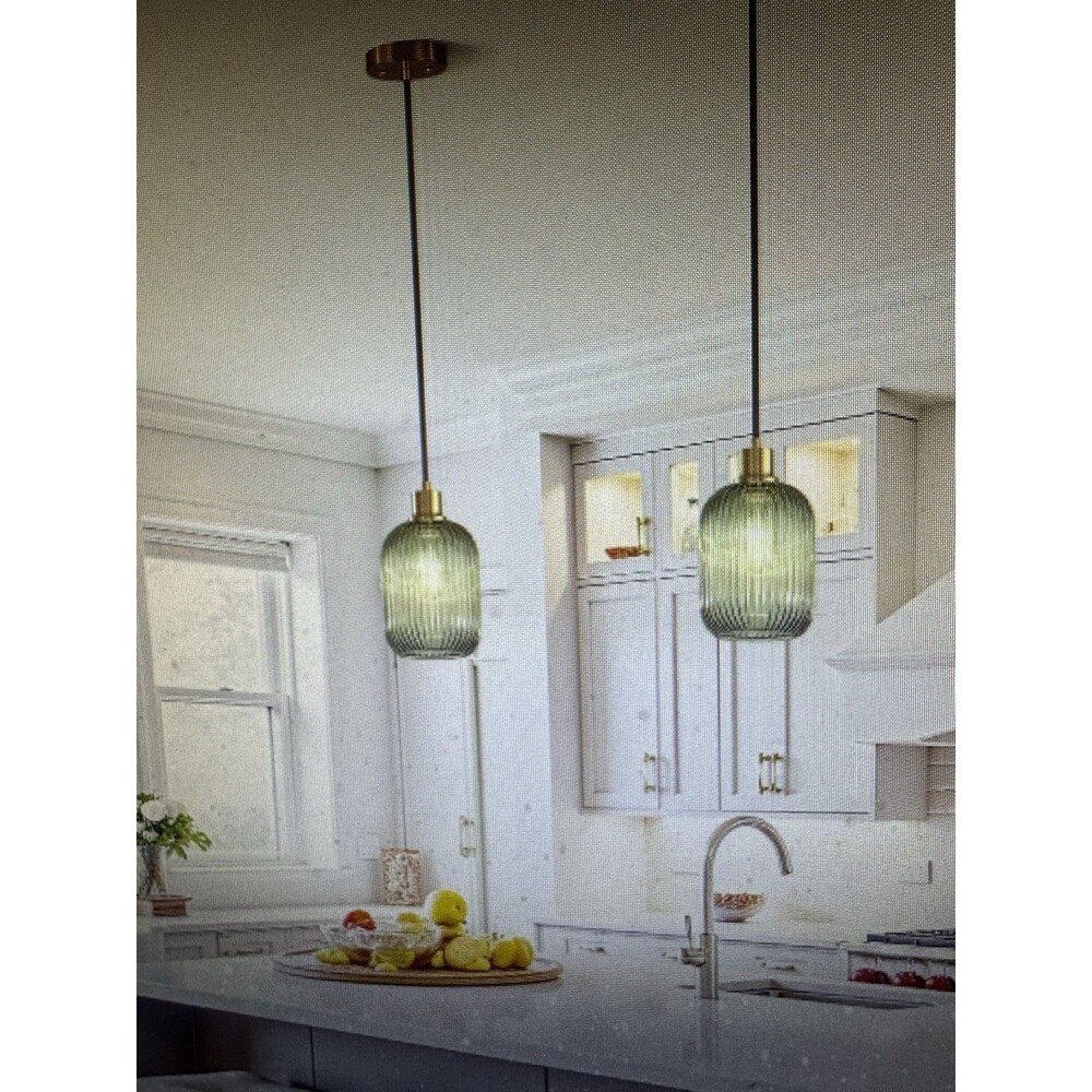2 Light Green Glass Pendant Lights - New in Box